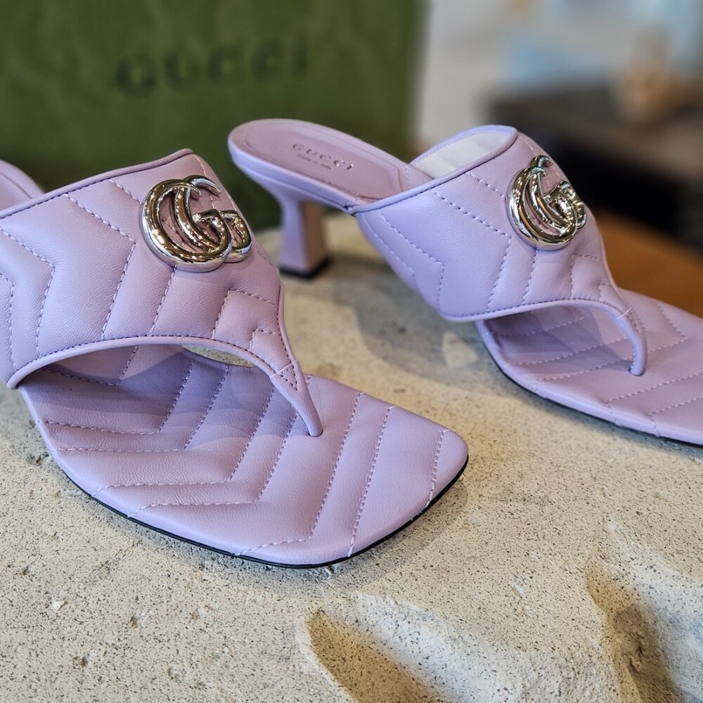 NWB Gucci Marmont Double GG Kitten Heel Thong Sandals Quilted Lavender 38+